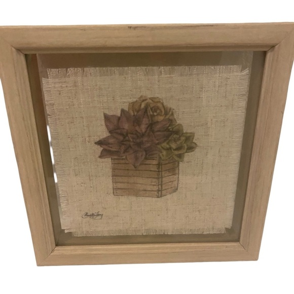 Other - Vintage Signed Textured Fabric Botanical Wall Art with Natural Wood Frame 7”x 7”